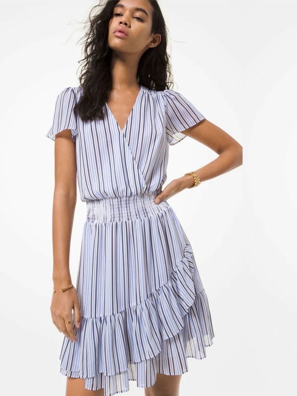 Michael Kors Blue and White Striped V-Neck Ruffle Mini Dress Sz L